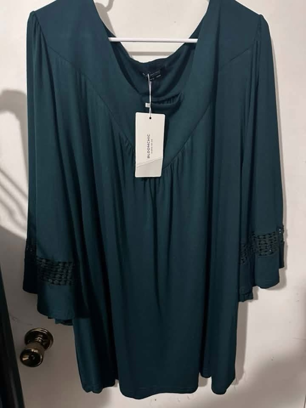 BloomChic Teal-Blue Peasant Blouse with Crochet Cuff Detail
